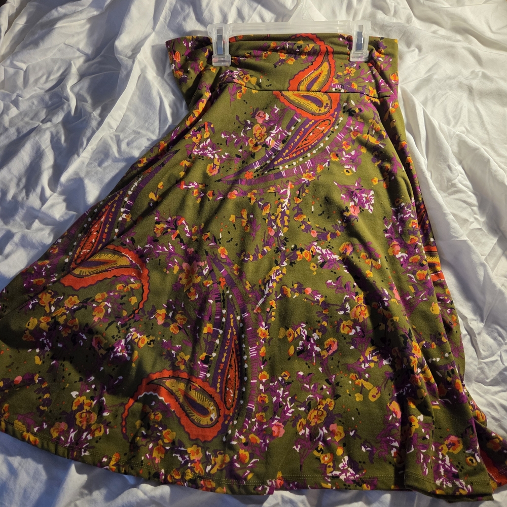 LuLaRoe Maxi Skirt in Olive with Orange and Purple Accents